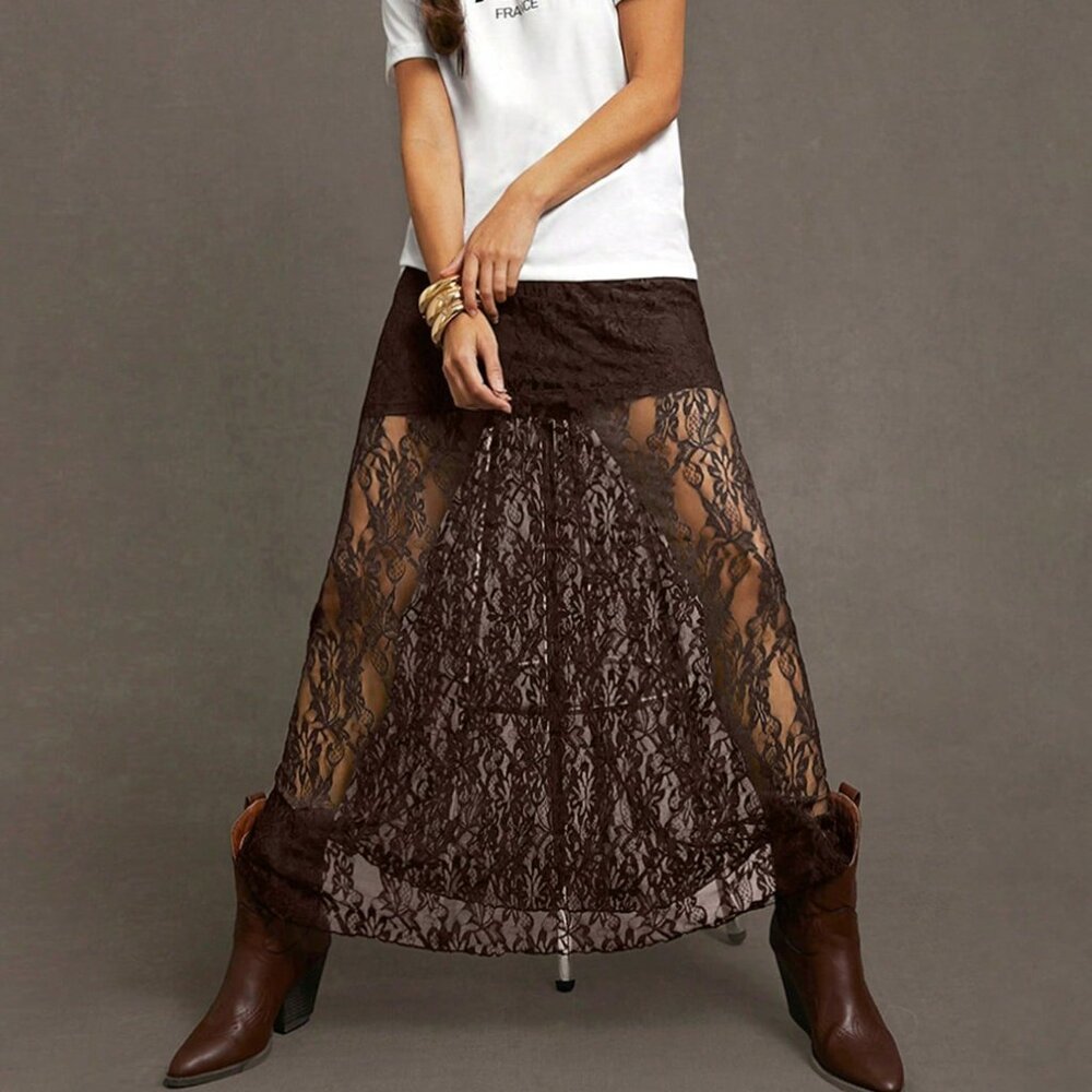 Coffee Brown Elegant Women's Sexy Long Wildflower Lace Skirt